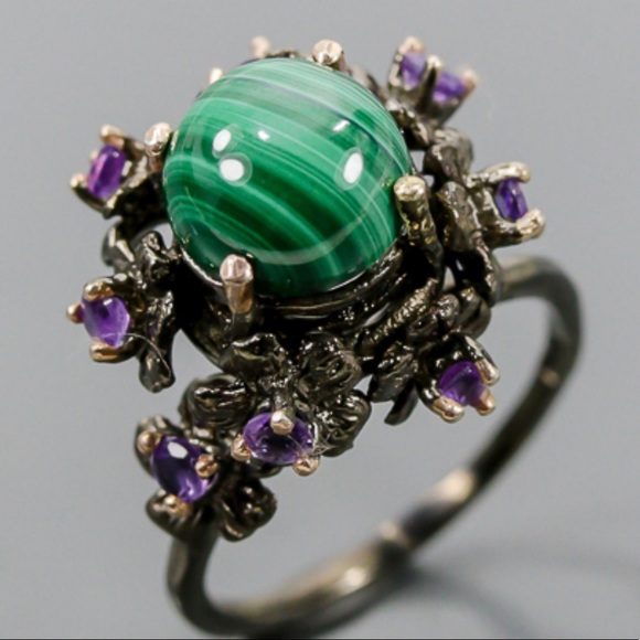 Fine Art Genuine Malachite Ring with Amethyst